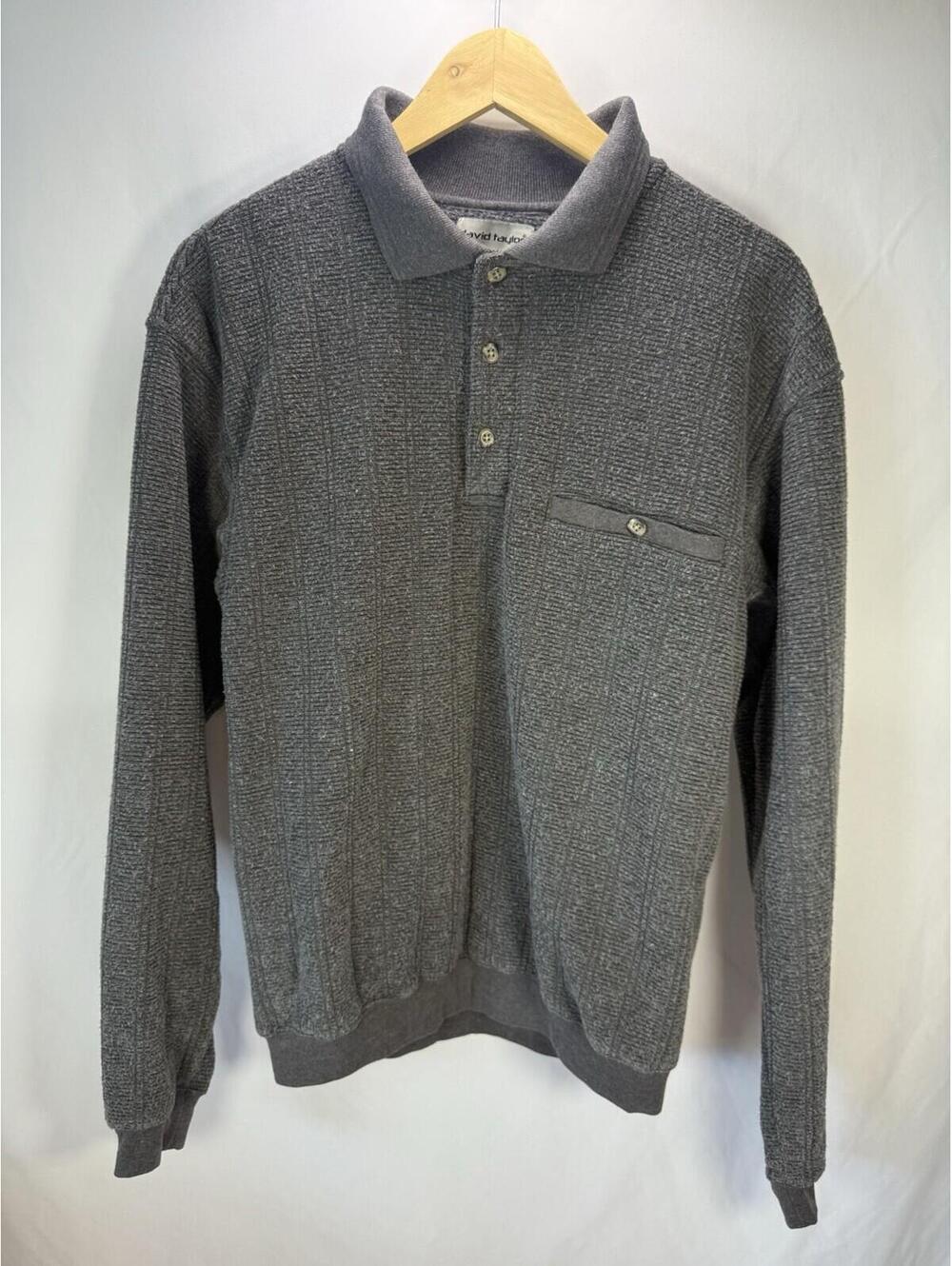David Taylor Men’s Medium Gray Collared Polo Long Sleeve Pocket Sweatshirt VTG